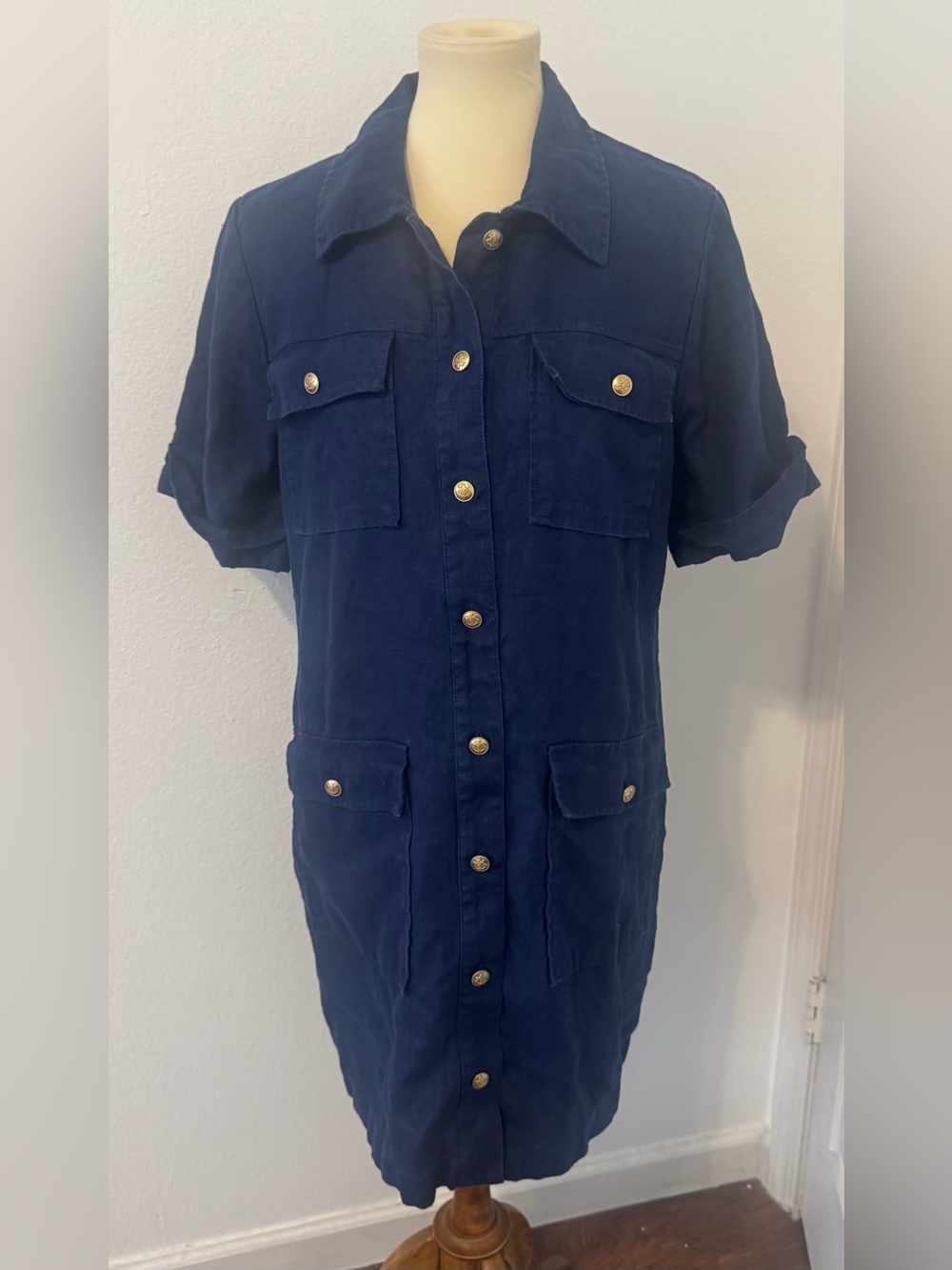J.Crew Navy Gamine Linen Utility Shirtdress Gold Button Front 2024 Coastal Sz 12